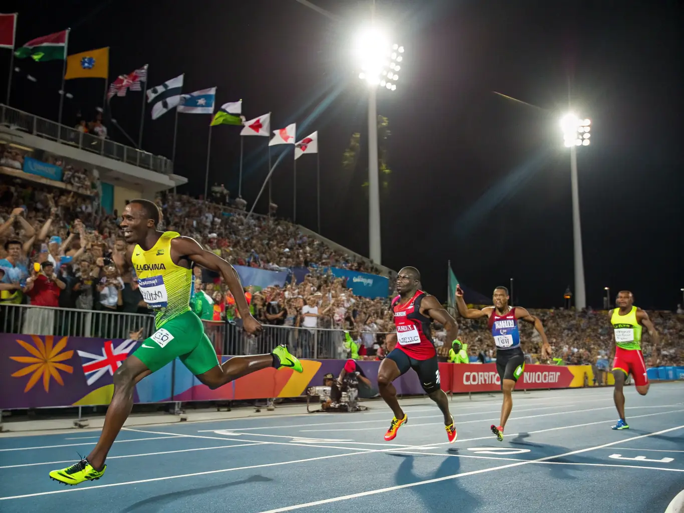 A photograph of athletes participating in a competitive track meet, capturing the excitement and intensity of the event, with spectators cheering from the sidelines.