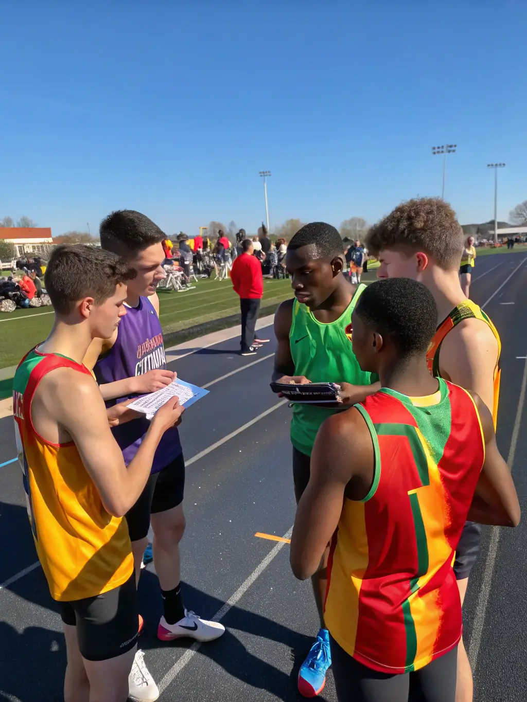 A group of young athletes shaking hands after a friendly competition, showcasing sportsmanship and camaraderie at EPIS CENTRE ATHLETISME.
