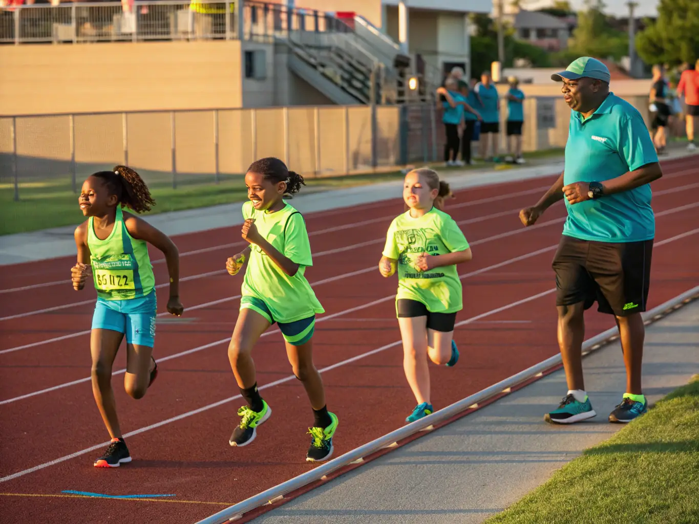 A dynamic image showing young athletes participating in a track and field event, with coaches providing guidance and encouragement, set against the backdrop of the EPIS CENTRE ATHLETISME facility.
