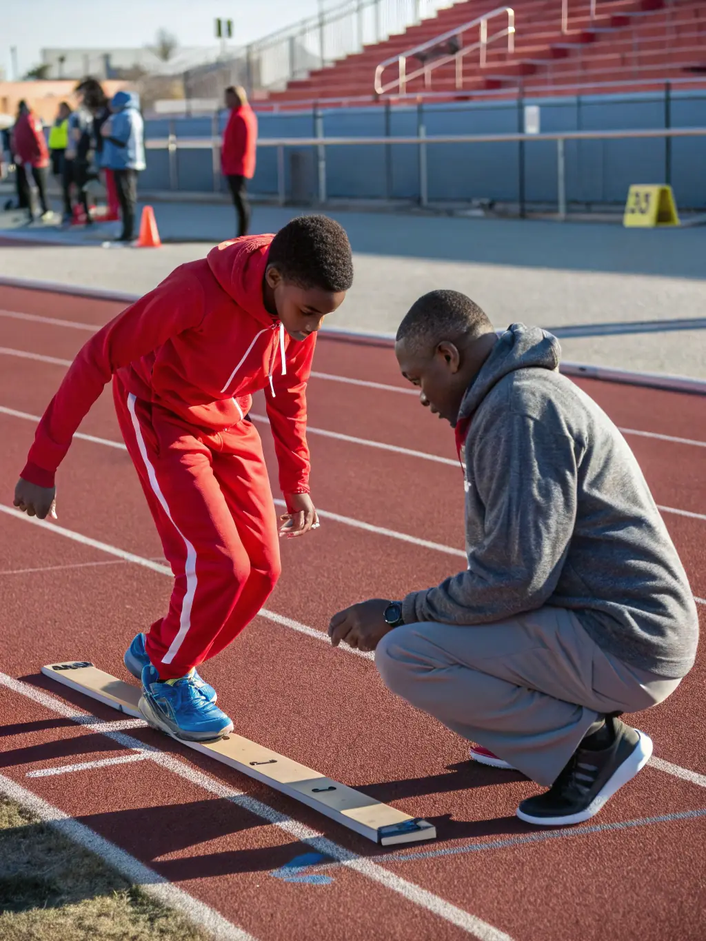 A focused shot of a young athlete practicing their running form, with a coach providing guidance in the background at EPIS CENTRE ATHLETISME.