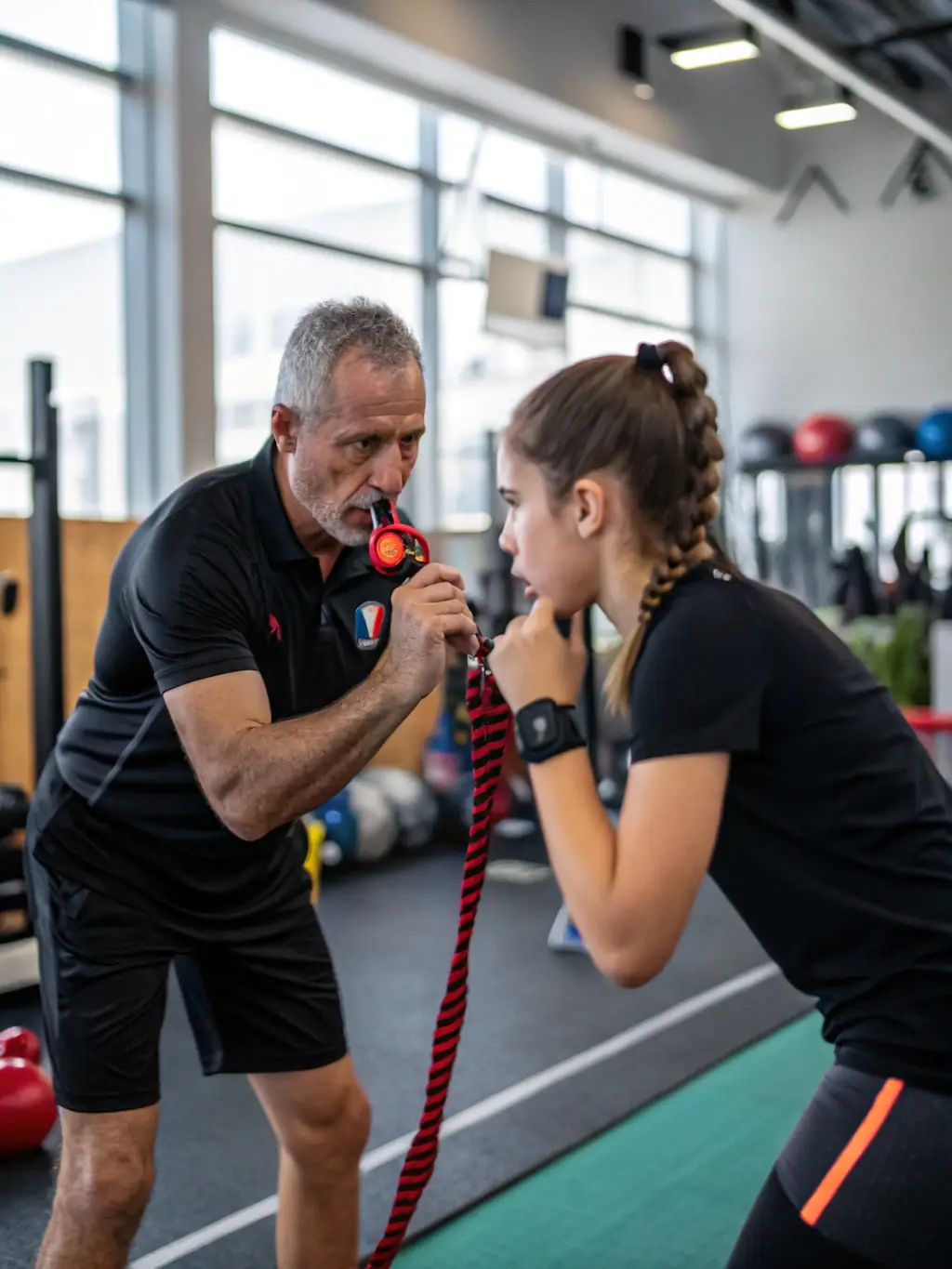 A coach from EPIS CENTRE ATHLETISME mentoring a young athlete, emphasizing the importance of guidance and support in sports development.