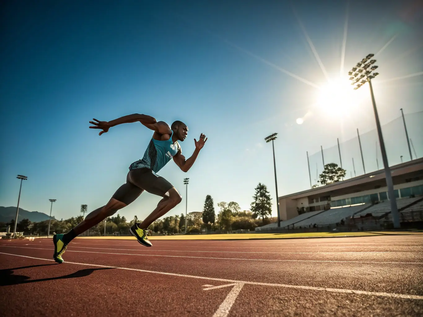 A young athlete is intensely focused on sprinting during a track and field training session, showcasing dedication and speed.