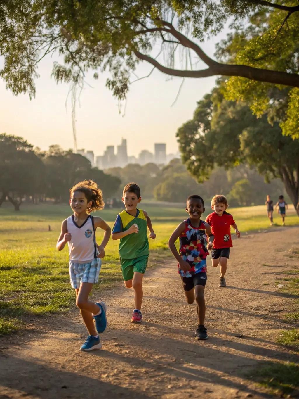 A group of diverse children laughing and running together during a track and field practice at EPIS CENTRE ATHLETISME, showcasing the joy of sports and community.